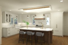 A bright modern kitchen with white cabinets, a large wood-accent island, pendant lighting, and gold fixtures.