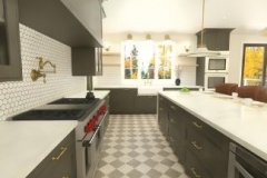A modern kitchen design featuring dark cabinetry, gold accents, checkered flooring, and a spacious layout with an island