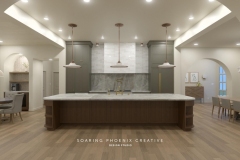 Elegant open-concept kitchen with arched entryways, a large marble island, and modern pendant lighting, designed by Soaring Phoenix Creative.