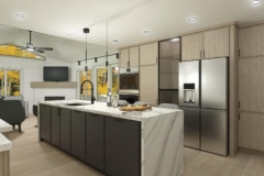 Modern kitchen design with waterfall counter and wine cooler