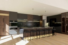Contemporary modern kitchen with dark countertop with white veins