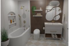 Modern bathroom design featuring a freestanding tub, gold fixtures, wood slat accent wall, and an abstract mirror above a white vanity.
