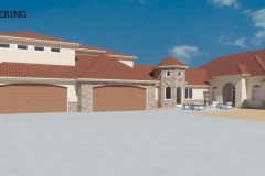 Architectural rendering of a large Mediterranean-style home with red tile roofing, arched entryways, and multiple garage doors.