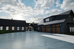 A modern farmhouse with dark siding and wood-accented garage doors sits beneath a dramatic sky, featuring a spacious concrete driveway and a detached garage with a loft.
