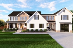 A modern two-story farmhouse with white and brick exterior, black shutters, and a three-car garage under a blue sky.
