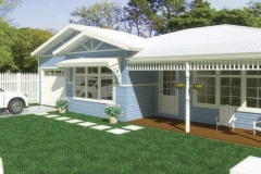 A charming blue cottage with white trim, a front porch with hanging flower baskets and Adirondack chairs, and a white SUV parked in the driveway beside a well-manicured lawn.