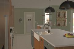 Modern kitchen interior featuring a central island with a farmhouse sink, pendant lighting, and travel-themed wall art near a door labeled "Laundry."