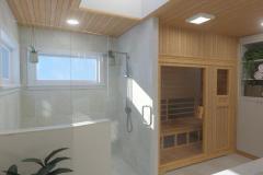 A modern spa-style bathroom features a glass-enclosed shower, built-in wooden sauna, and neatly organized towels on open shelving.