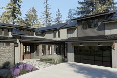 A contemporary mountain-style home featuring gray board-and-batten siding, stone accents, black metal roofing, and expansive modern windows surrounded by tall pine trees.