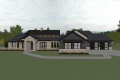 A modern farmhouse-style home features a mix of light stone and dark board-and-batten siding, with a sleek black roof, symmetrical landscaping, and a curved driveway leading to a three-car garage.