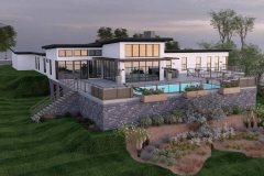 Modern hillside home with expansive windows, a wraparound deck, and an infinity pool overlooking a landscaped slope.