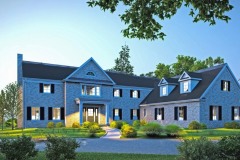 Elegant two-story brick home with black shutters, dormer windows, and a well-manicured circular driveway surrounded by lush landscaping.
