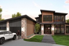 A modern two-story home with mixed stone, wood, and dark metal accents features large windows, a sloped roofline, and a driveway where a white SUV and a person are positioned in front.