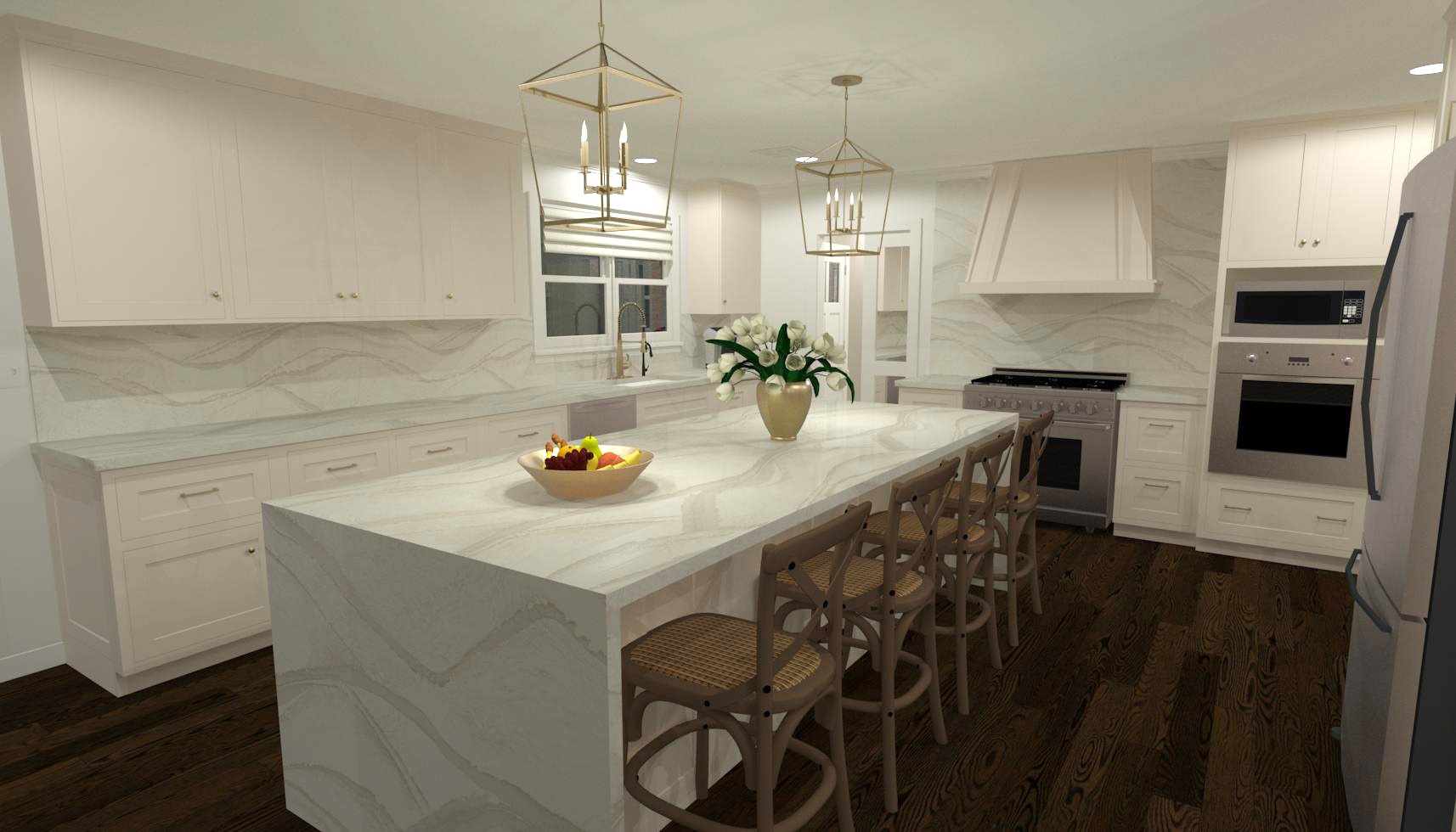 The rendering of a kitchen with white cabinets, gold fixtures and an island with a white waterfall countertop.