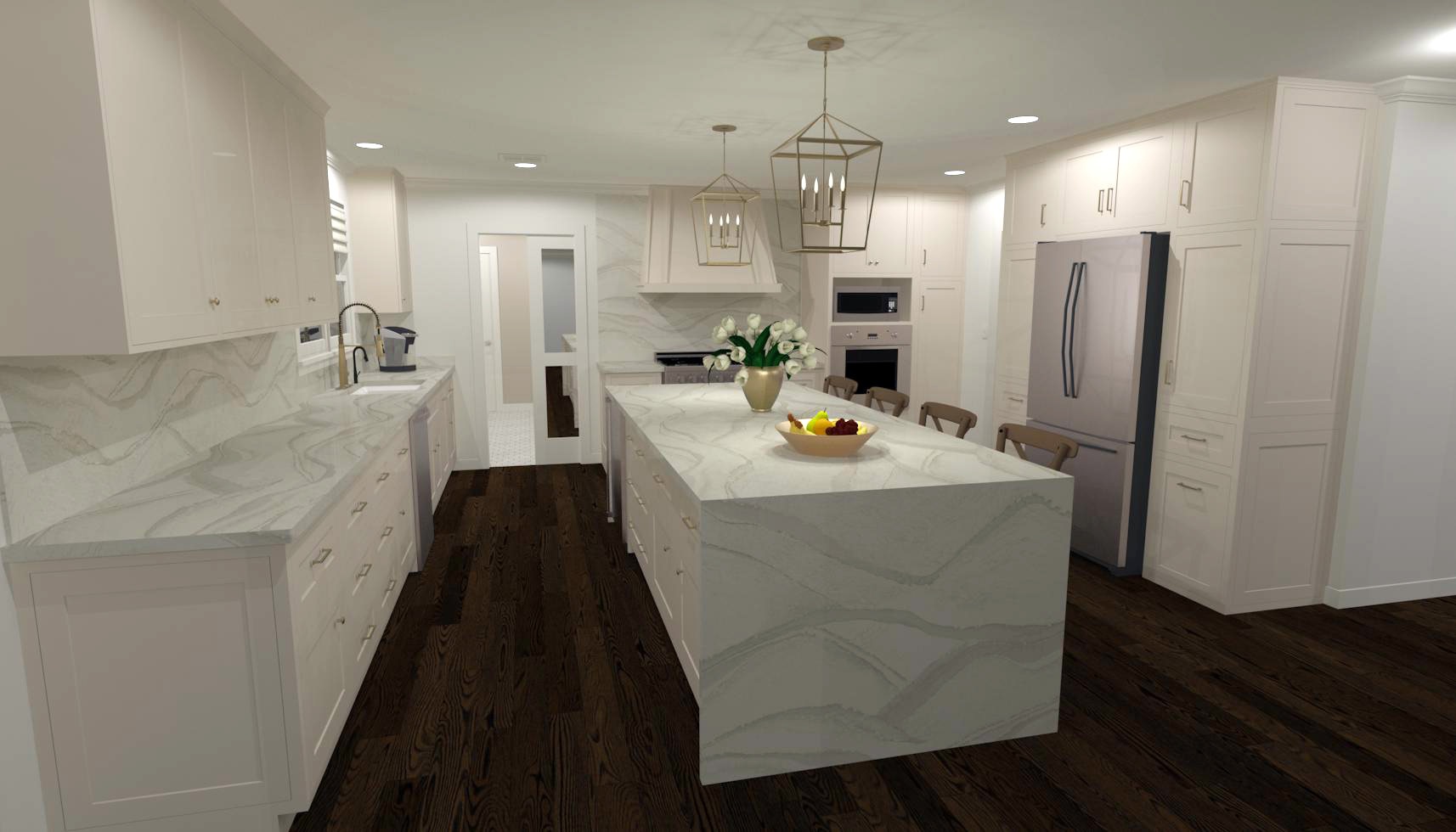 The rendering of a kitchen with white cabinets, gold fixtures and an island with a white waterfall countertop.
