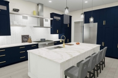 Modern kitchen with dark blue cabinets and white finishes.