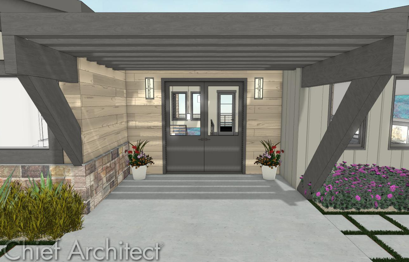 The front of a house designed in Chief Architect with front door option four selected.