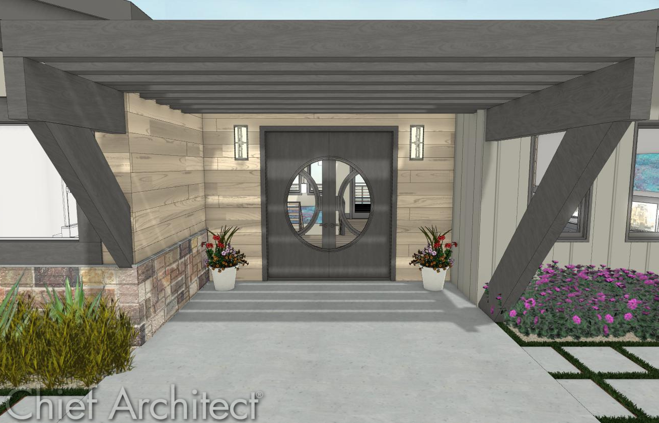 The front of a house designed in Chief Architect with front door option three selected.