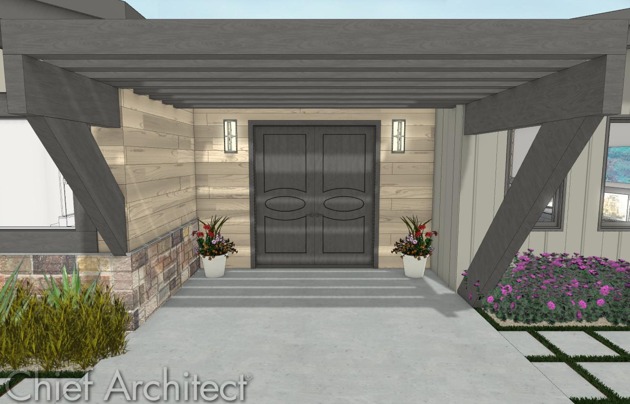 The front of a house designed in Chief Architect with front door option two selected.