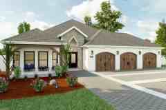 Exterior rendering of modern home with brick facade and three-car garage.