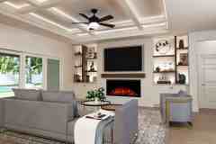 Modern living room with coffered ceiling and fireplace.