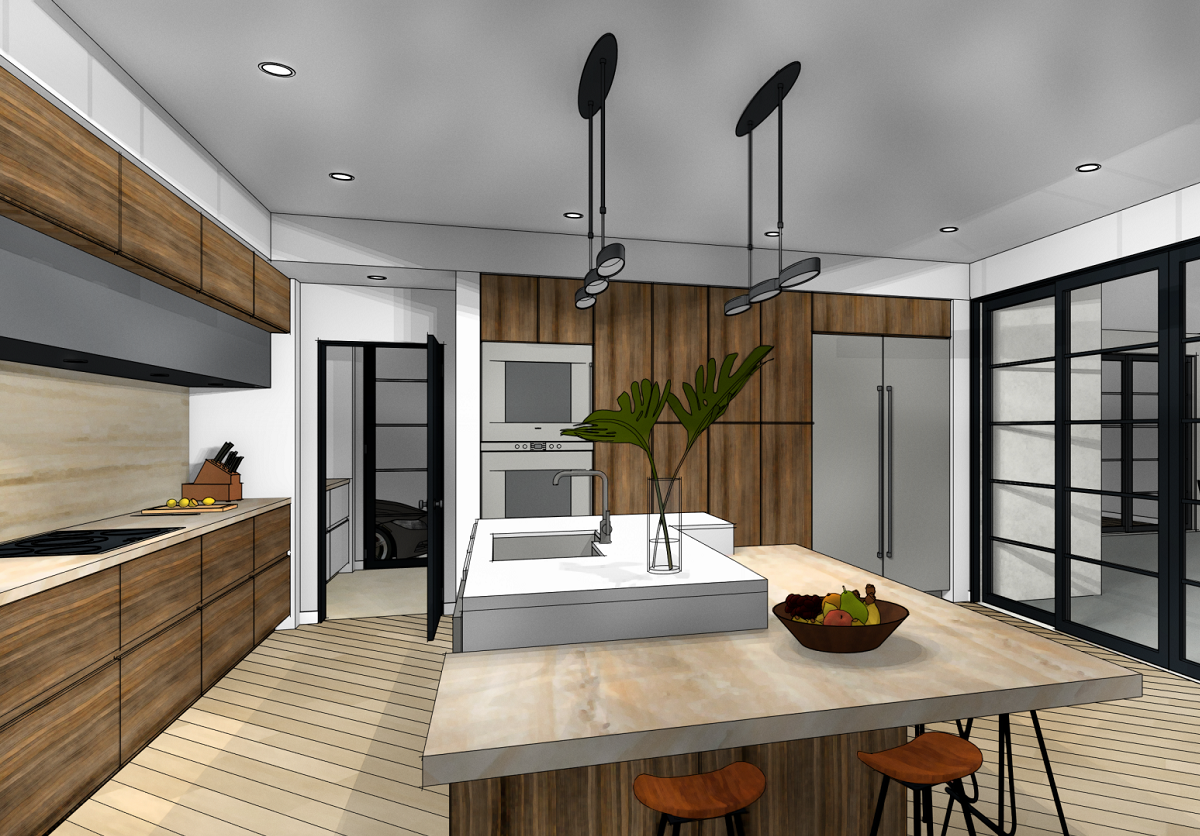 A kitchen with an island designed in Home Designer Software.