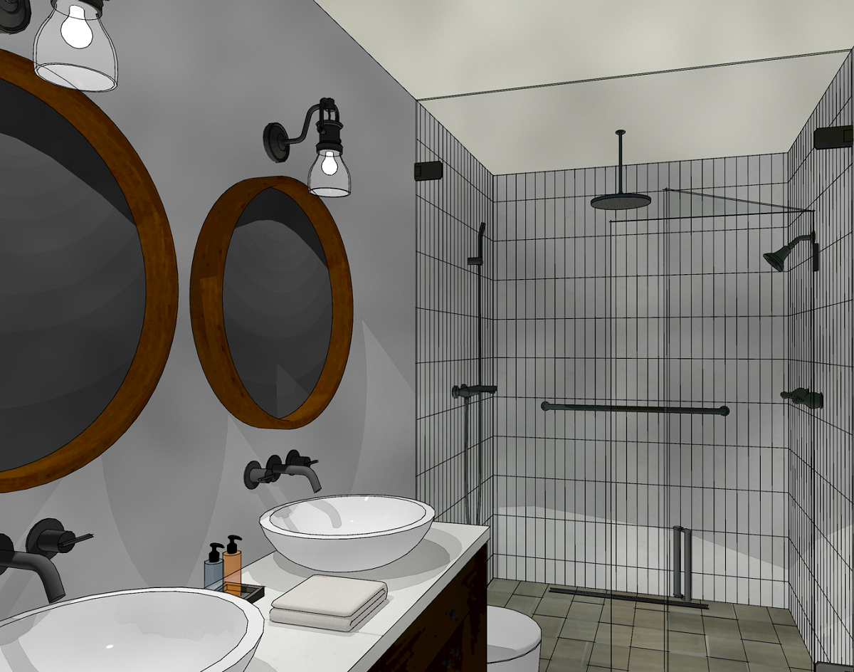 A bathroom with circular mirrors designed in Home Designer Software.