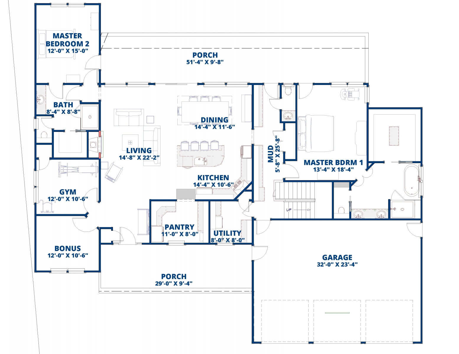 First floor layout of a home with a great room, large kitchen, two primary suites, a gym, and bonus room.
