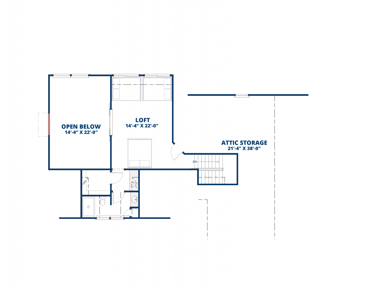 Second floor layout of a farmhouse with loft suite designed in Chief Architect.