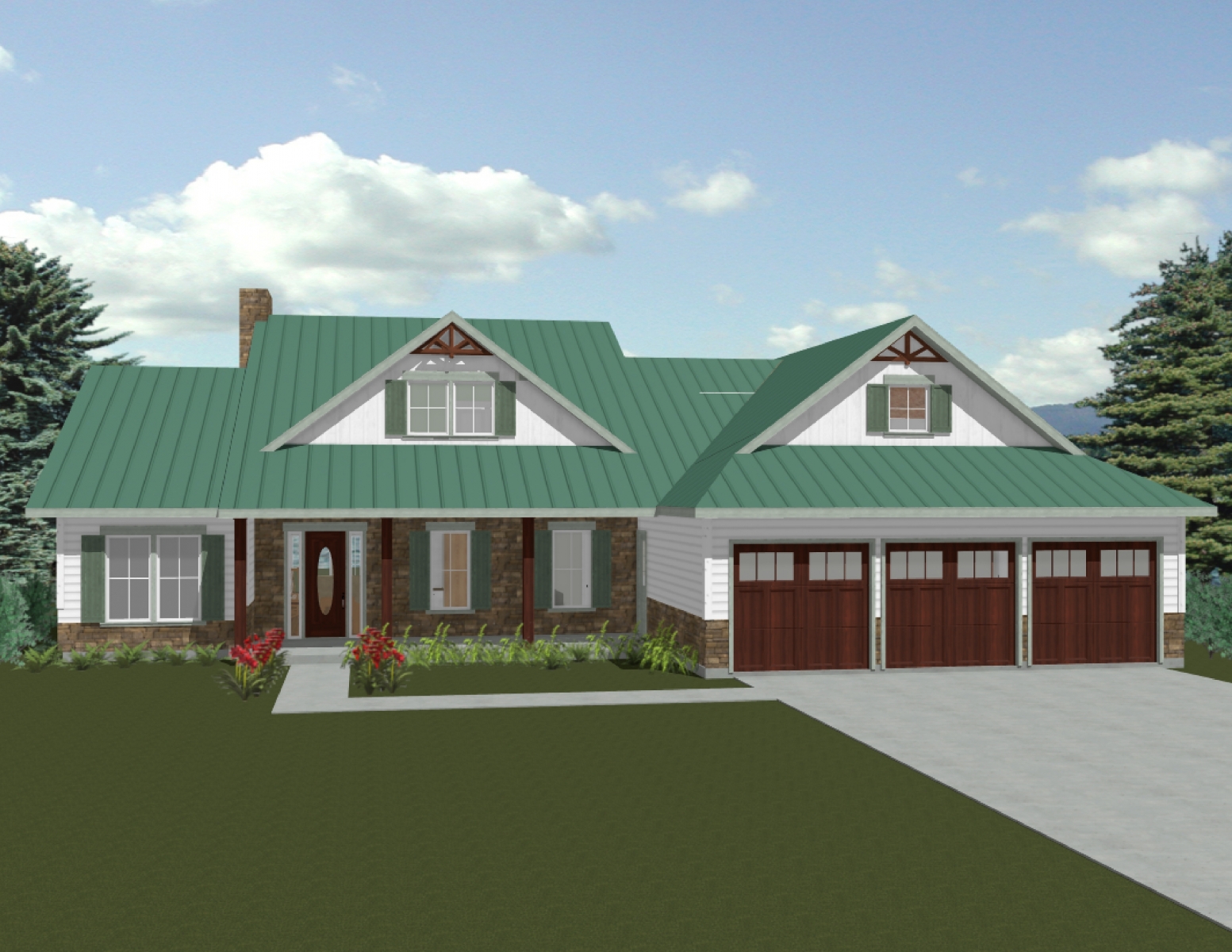 3D exterior rendering of a modern, white farmhouse with a green roof and three car garage.