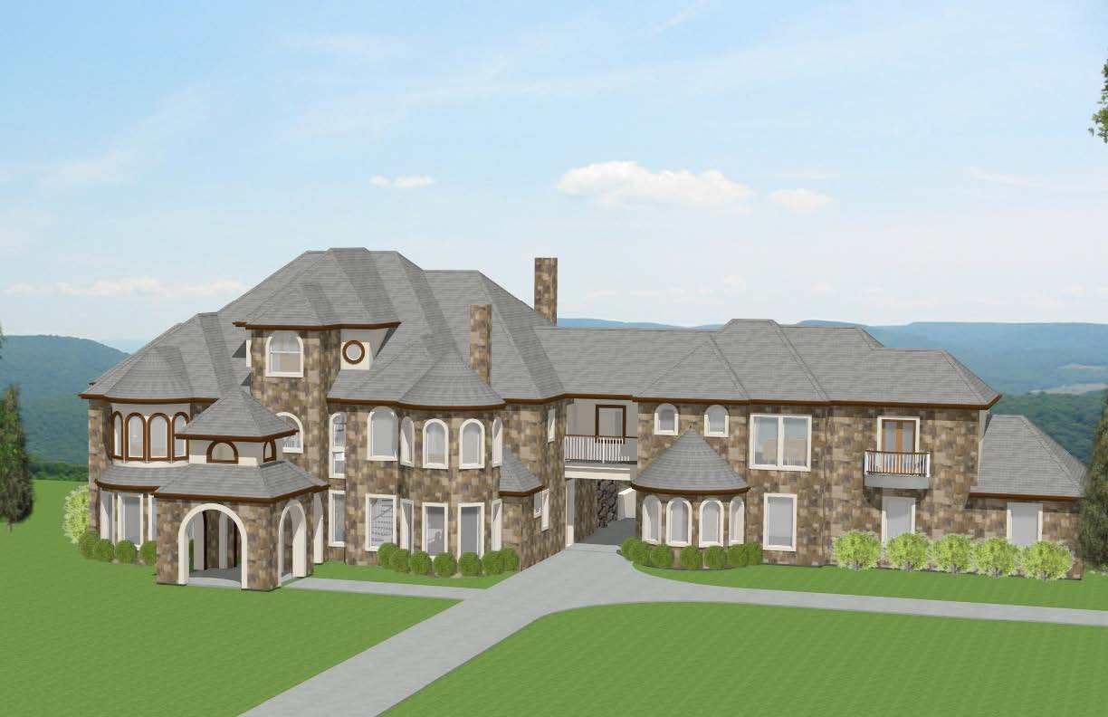 3D rendering of the front exterior of a castle themed home.