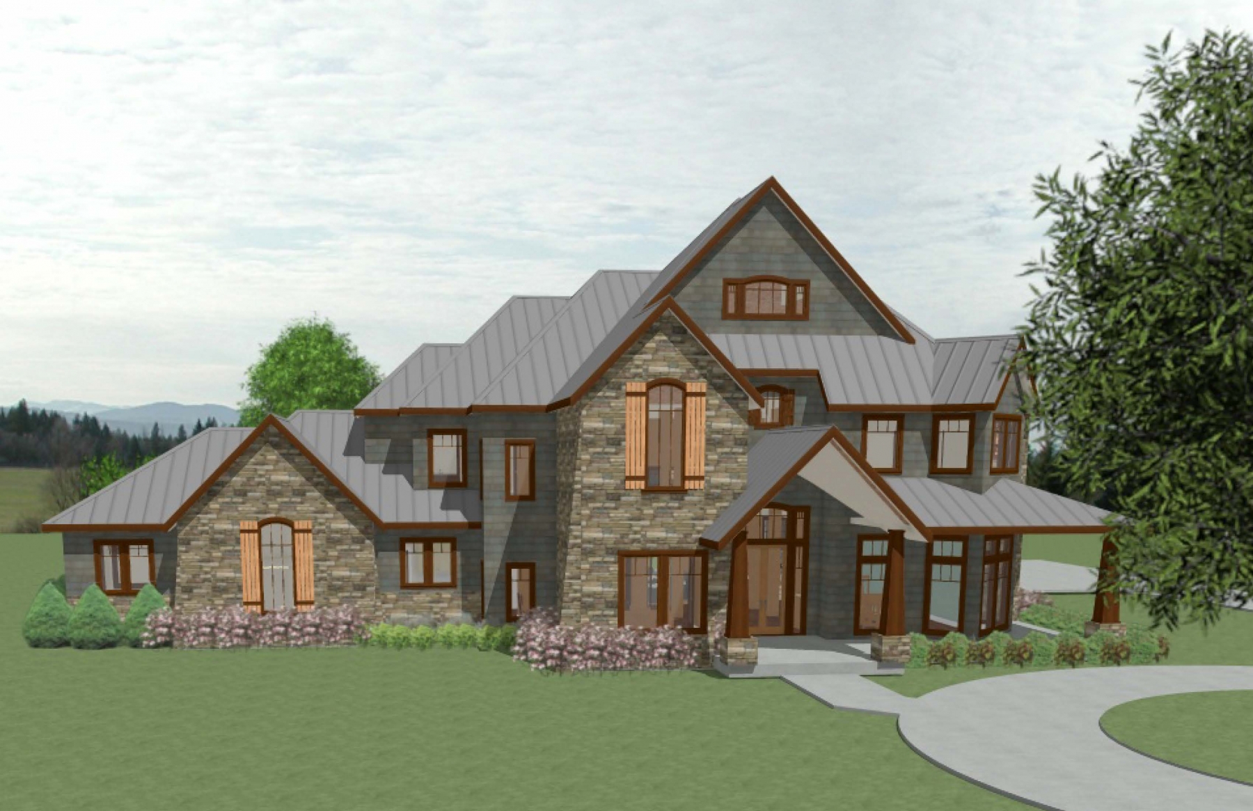 Chief Architect exterior house rendering with grand entrance, stone work, and wooden shutters.