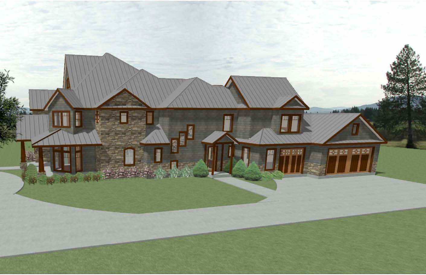 3D rendering side view of a Craftsman style mansion.