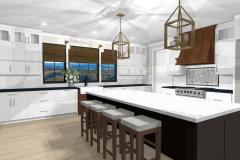 Savanna Beyer's Kitchen design with natural wooded stove vent and multi-colored countertops.