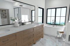 Bathroom rendering with a freestanding tub and natural wood cabinets.