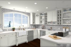 Shabby chic kitchen with large windows for natural light with gray neutral colors.