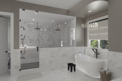 Modern bathroom with oversized shower and elegant dark grey Downsview cabinetry