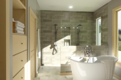 Bathroom space with double head walk in shower and freestanding tub