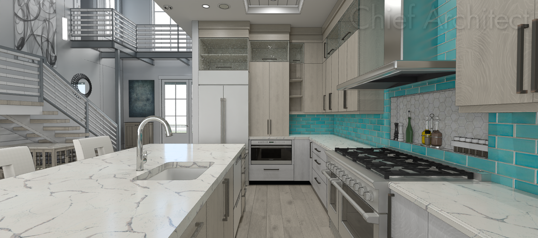 A kitchen designed in Chief Architect with appliance and material selection package number 2 chosen.