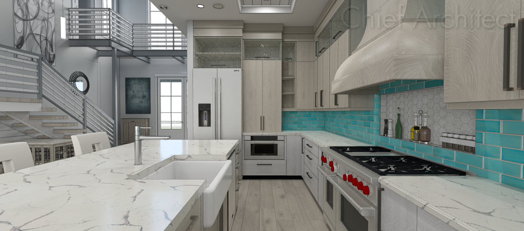 A kitchen designed in Chief Architect with appliance and material selection package number 3 chosen.