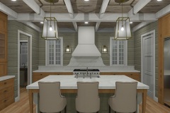 Walnut Cottage Kitchen with Coffered Ceiling and Waterfall Counter Top