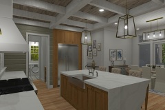 Walnut Cottage Kitchen with Coffered Ceiling and Waterfall Counter Top