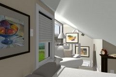 Bedroom with angled ceiling, accordion blinds and reading corner.
