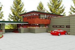 Front view of custom Frank Lloyd Wright-inspired home designed by Michael Rust in Webb City, MO