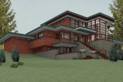 Rear view of custom Frank Lloyd Wright-inspired home designed by Michael Rust in Webb City, MO