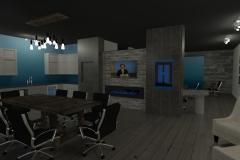 Office rendering featuring a modern fire place, stone wall, and large conference table