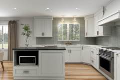 Rendering of kitchen with small island, white cabinets, and white wooden range hood.