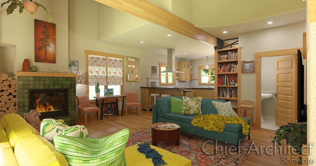 furnished living room has wood floors, vaulted ceiling, fireplace, teal sofa, yellow seating with accessories