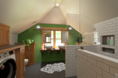 attic bathroom with green accent wall, laundry, black floor, subway tile shower, and floating vanity