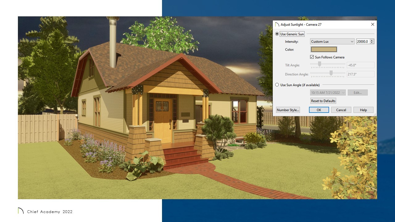 exterior rendering of a bungalow with sunset backdrop and gold overtones, dialog box with settings is overlaid